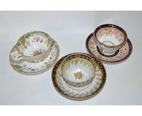 A group of three mid 19th Century English porcelain tea bowls and saucers, one early 19th Century Worcester example, of flute