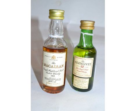 A miniature bottle of Macallan Single Highland Malt Scotch Whisky, 1963, together with a miniature bottle of Glenlivet 12 Yea