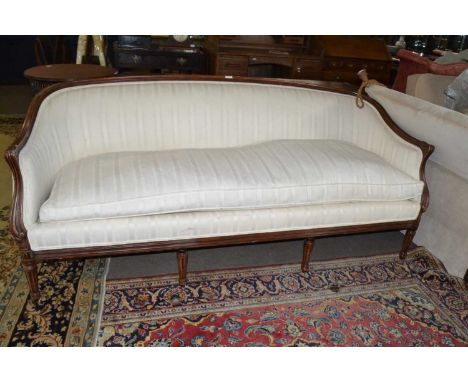 Good quality mahogany framed Sheratan style sofa with curved back, single full length loose cushion and supported on fluted l