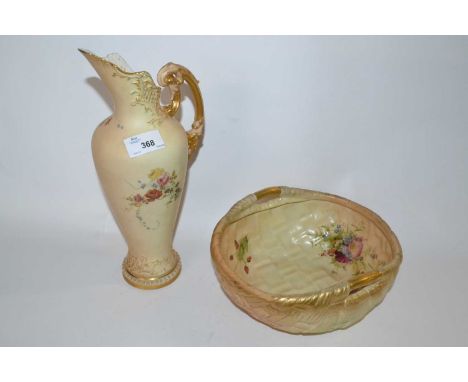 A Royal Worcester ewer, early 20th Century, the blush ground decorated with flowers together with a Royal Worcester basket wi