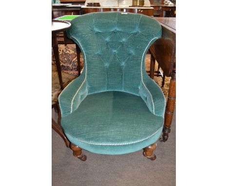 Small Victorian turquoise upholstered button back bedroom or nursing chair with turned legs