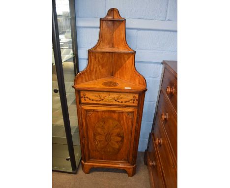 An unusual 19th Century satinwood corner cabinet with two shelves over a panelled door, decorated with stylised foliage and u