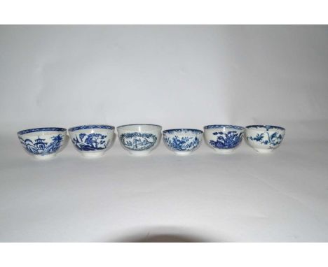 A group of six 18th Century English porcelain tea bowls, all with blue and white designs including Worcester and Liverpool ex