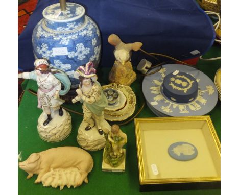 A Chinese porcelain jar and cover decorated with prunus blossom (converted to a table lamp base), together with a pair of 19t