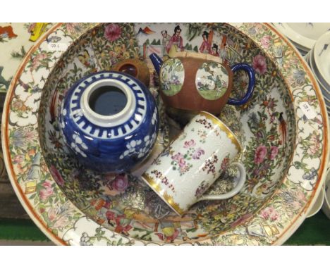 A Chinese famille-rose washbowl, a Samson porcelain armorial mug and an Oriental ginger jar decorated with prunus blossom, an