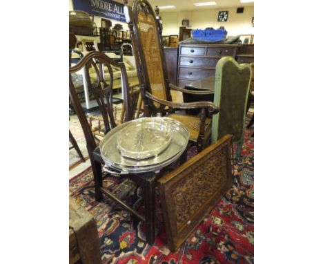 A 17th Century style armchair with cane work upholstered seat and back, a green painted two fold tapestry upholstered screen,