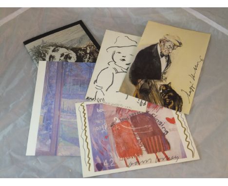 A David Hockney signed postcard, David Oxtoby signed image of Elvis, Roger De Grey signed postcard, Maggi Hambling signed pos