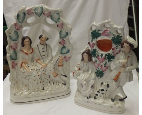 A 19th Century Staffordshire pottery clock group, together with a 19th Century Staffordshire pottery figure group depicting l