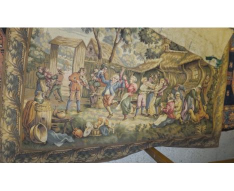 A tapestry style wall hanging depicting musicians in a village setting, 164 cm x 134 cm