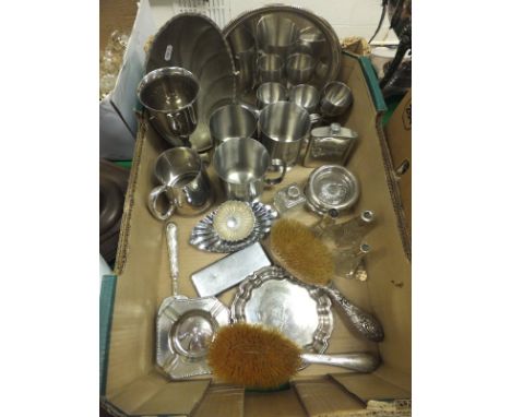 A box of assorted silver and plated and other metal wares to include dressing table bottles, brushes, tankards, hip flask, et