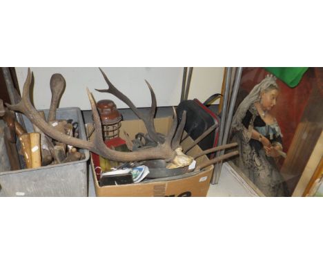 A collection of sundry items to include a selection of vintage tools, a pair of deer antlers, a trivet, a selection of vintag