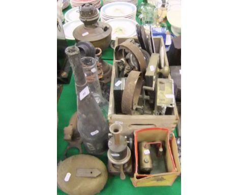 Assorted metal wares to include a model stationary steam engine, a flask, a brass bodied oil lamp, candlestick, telephone, nu