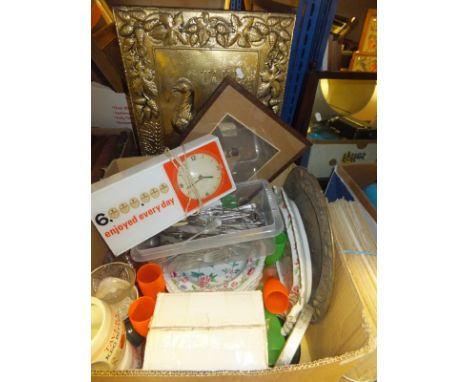 A box of sundry items to include assorted china, cutlery, etc, together with a Guinness clock inscribed "Six Million Enjoyed 