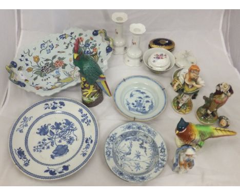 Two Chinese porcelain bowls, a pottery figure of a pheasant, an Oriental figure of a cockerel, a Continental porcelain figure