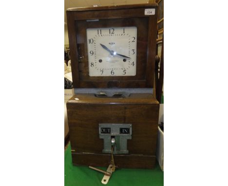 A Blick oak cased clocking in clock, the square white dial bearing Arabic numerals and inscribed "44-46 Sekforde Street, Lond