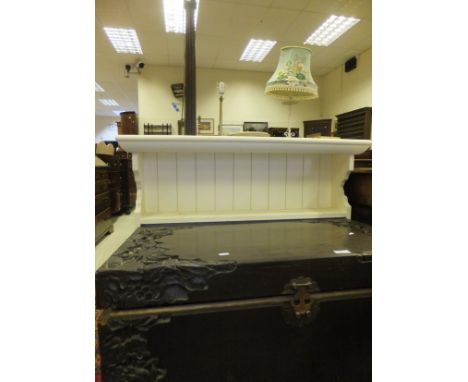 An Eastern camphor wood carved chest / blanket box with brass escutcheon, a white painted shelf unit and a mahogany standard 