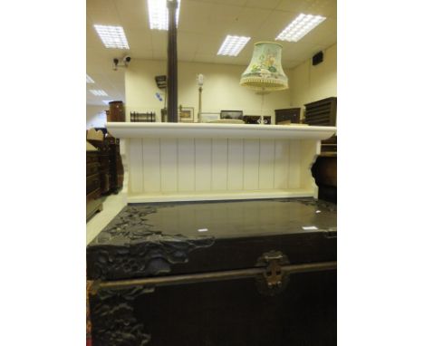 An Eastern camphor wood carved chest / blanket box with brass escutcheon, a white painted shelf unit and a mahogany standard 