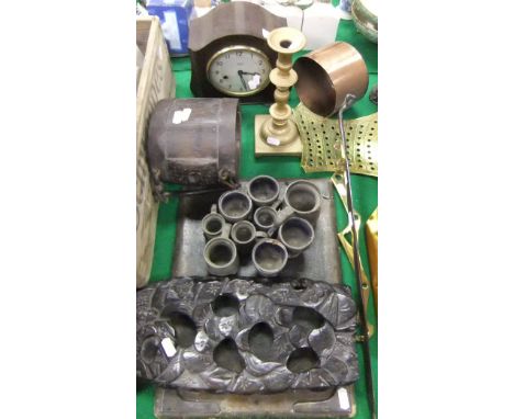 A Smiths Enfield mantel clock, brass candlestick, assorted pewter and miniature mugs, a leather writing pad with silver mount