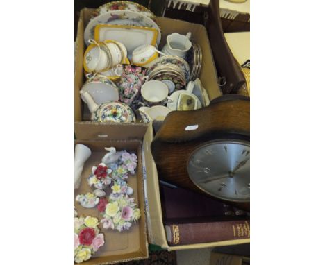 A box containing a collection of china ornaments to include Coalport floral encrusted ornaments, a Nao figure of a dove, etc,