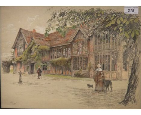 AFTER CECIL ALDIN "Figures outside Tudor home", colour print