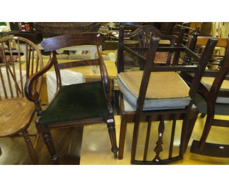 A collection of six various Victorian mahogany dining chairs to include two carvers, together with a beech, ash and elm stick