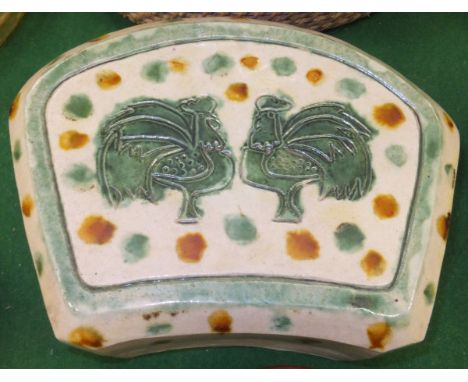 A collection of Oriental and other ceramics to include the pottery hollow tile decorated with two cockerels, a japanned box w
