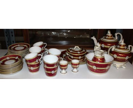 A&nbsp;Victorian Staffordshire porcelain tea service with claret and yellow bands, gilt highlights, forty five pieces approx
