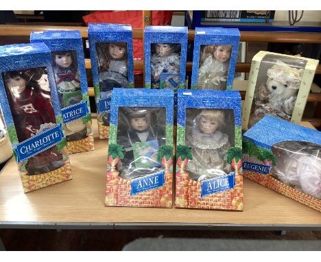   Porcelain Vintage  boxed Victorian styled girl boxed dolls and babies and teddy bear in classical style-all neatly boxed se