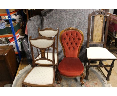 4x occasional chairs. 1 button back red upholstered nursing chair. Splayed paterned feet. Height 81cm, width 42cm, depth 47cm