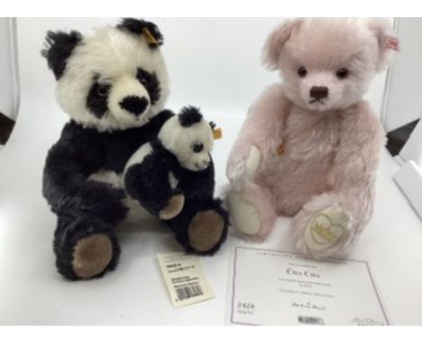 Steiff 660818 Panda Chi Chi Panda and its baby panda mohair (2 pandas) and &nbsp;Englands rose teddy bear 661983 made in 2005