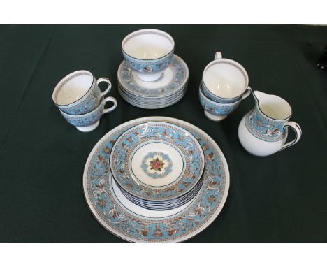 A Wedgwood bone china "Turquoise Florentine" tea service for six to include teapot, sugar basin and cream jug