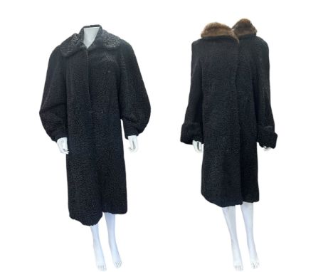 An astrakhan style 1950s coat with mink fur collar, a curly lamb jacket with leather collar tie, a Castor beaver lamb coat an