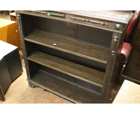 Dark oak 3 shelf book case, detailed front. Height 114cm, width 107cm, depth 30cm.