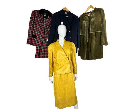 1970s and 80s fashion to include a Gordon Clarke pleat dress, a Valentino suit in Yellow leather, sz 48, a Valentino boutique