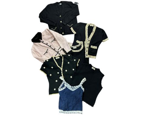 A groups of vintage knitwear to include a black wool fine cable knit cardigan with gold chains on the pockets by Celine, Sz 4