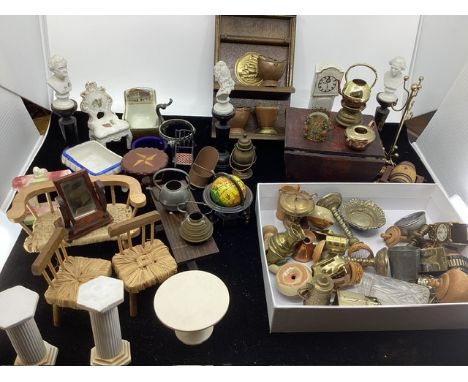 Antique and &nbsp;Vintage dolls house furnitureand toy furnishings and decorative metal kettles and pots and ceramic pieces a
