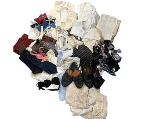 Vintage menswear to include shirts for day and evening, cravats, box ties, squares, a Japanese kimono, a pair of church's lea