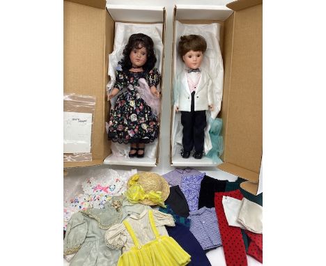 Mary Hoyer USA vintage x 2 dolls and large selection of Mary Hoyer outfits; First formal boy doll and a girl in a spring dres