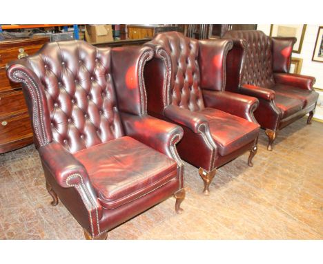 High button back leather, ox blood, chesterfield 3 piece suite. Some minor damage and fading commensurate with age and wear a