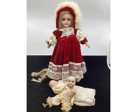 Antique dolls &nbsp;German&nbsp;Simon and Halbig 1078 cabinet sized 13&rdquo; bisque head doll in burgundy velvet, accompanie