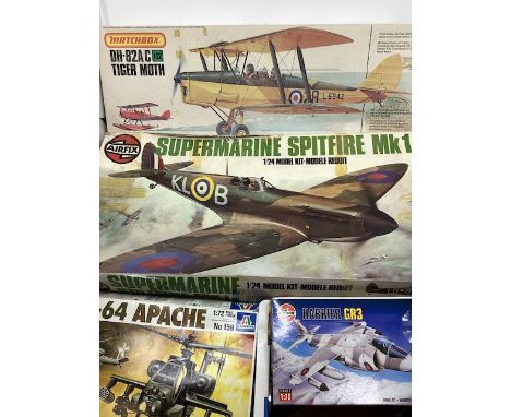 Airfix Vintage toy sets to include larger scale tiger moth and spitfire aircraft-Contents unused constant but shabby boxes an