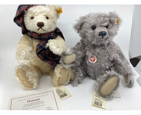 Steiff German Hamish 654459 Winter Teddy bear from the Four Seasons collection cream mohair teddy bear with scarf and 669712 