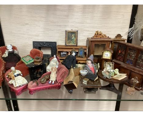 Antique miniature dolls selection and antique dolls house cabinets furniture chairs and effects-to include miniature ornament