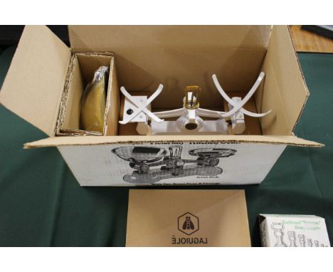New in box white painted iron kitchen scales with full set of brass weights &amp; boxed bar set.