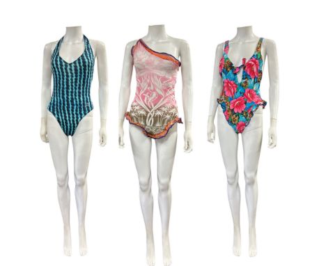Vintage swimwear to include a Versace swimming costume, a 1980s very high legged swimming costume with cut out sides, a net a