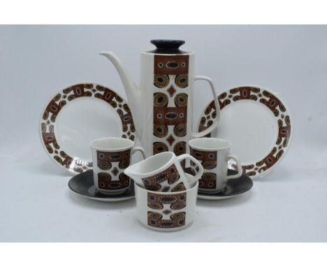 A vintage Mid Century J G Meakin coffee set in darker colours to consist of 2 coffee pots, 6 large saucers, 4 small saucers, 