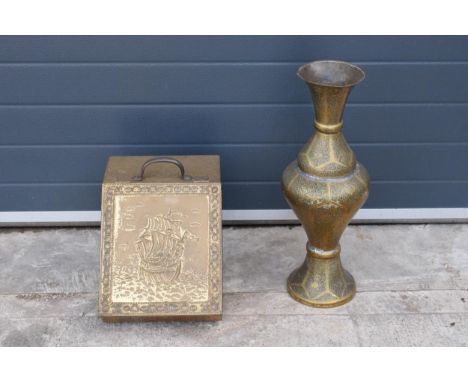 A large Middle Eastern brass vase (62cm tall) together with a brass coal bin / scuttle and a large vintage trunk (3). In good