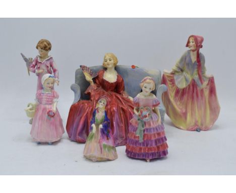 A collection of Royal Doulton figures to include Tinkle Bell HN1677, Sweet Anne HN1330 af, Paisley Shawl M4 af, Little Brides