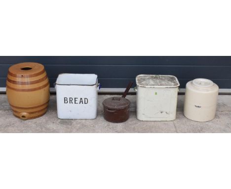 A mixed collection of items to include a large stoneware barrel, 2 vintage enamel bread bins (1 without lid), a Judge Ware 20