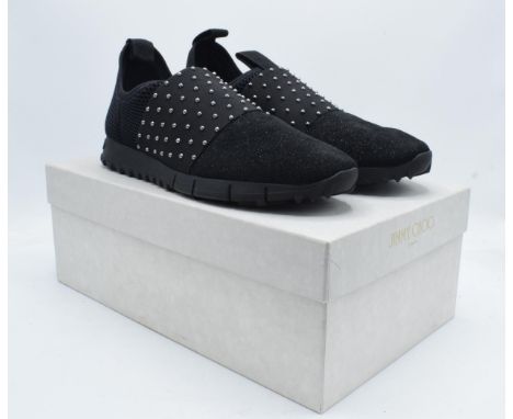A pair of men's Jimmy Choo 'Oakland' slip-on fabric sneakers, with a ridged rubber sole and glittered suede and pearl elastic